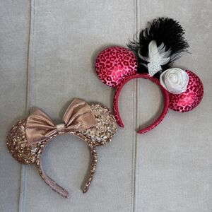 Disney Parks BUNDLE Rose Gold Sequin Pink Leopard Feather Minnie Headband Ears